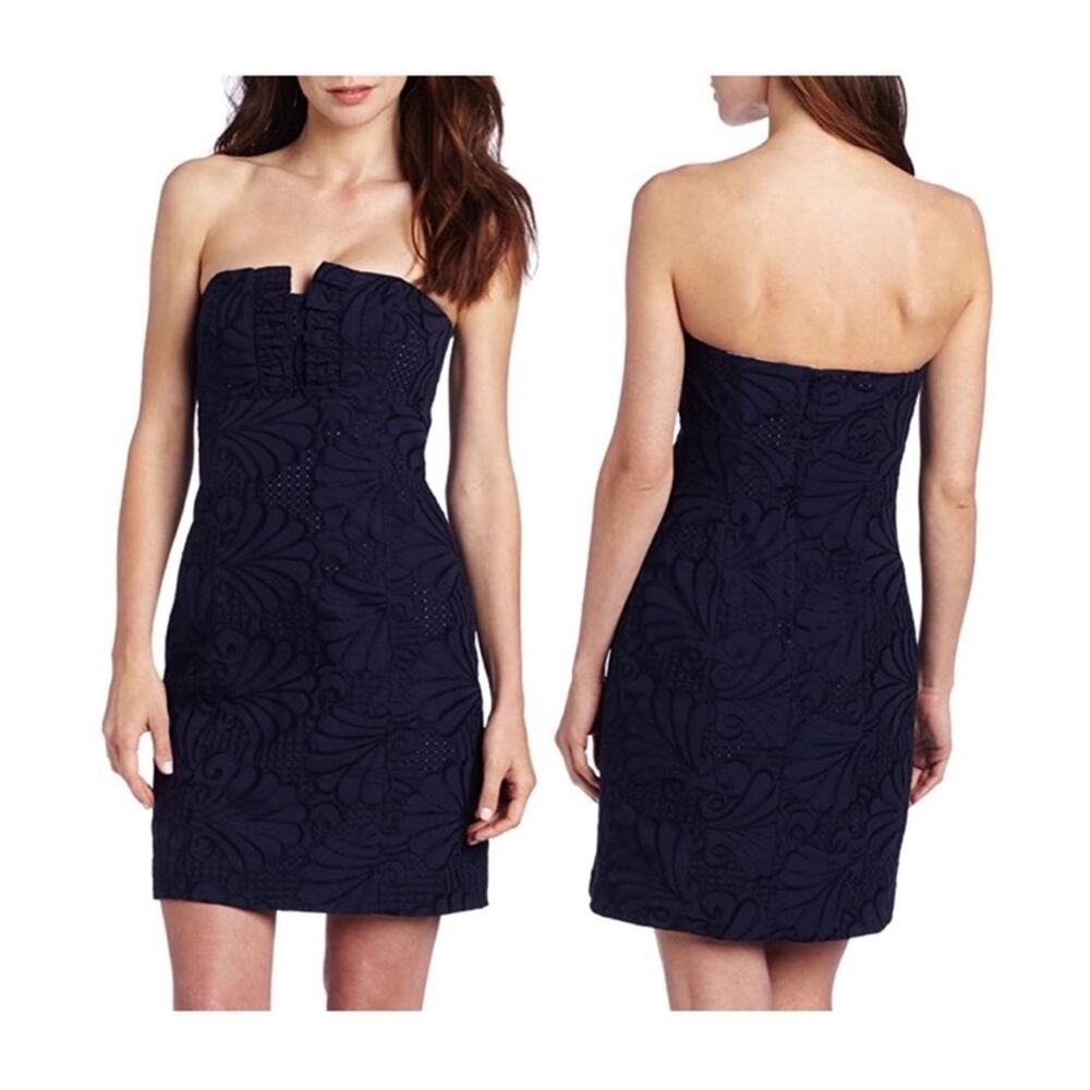 Lily Pulitzer Frankie Navy Dollop of Scallop Strapless Eyelet Mini Dress Size 0
